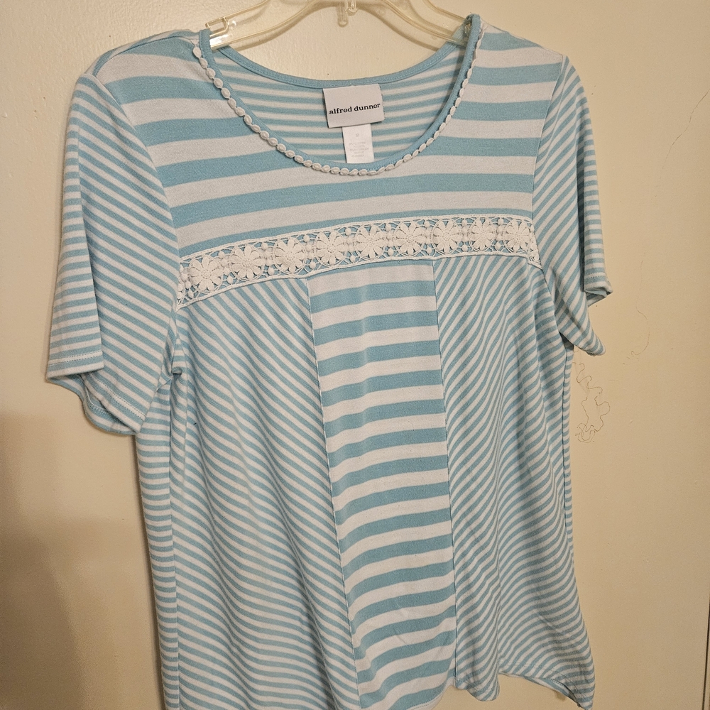 Alfred Dunner Blue and White Striped Lace Top